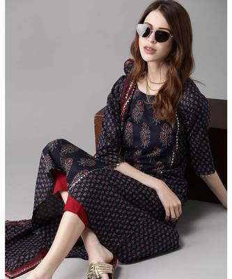 Indo Era Navy Blue Printed A-line Kurta Trouser With Dupatta Sets 4