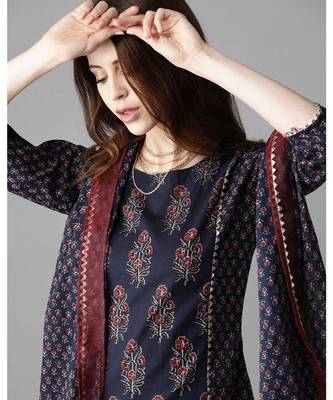 Indo Era Navy Blue Printed A-line Kurta Trouser With Dupatta Sets 5