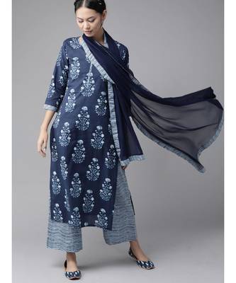 Indo Era Navy Blue Floral Printed Straight Kurta Palazzo With Dupatta Set 1