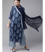 Indo Era Navy Blue Floral Printed Straight Kurta Palazzo With Dupatta Set