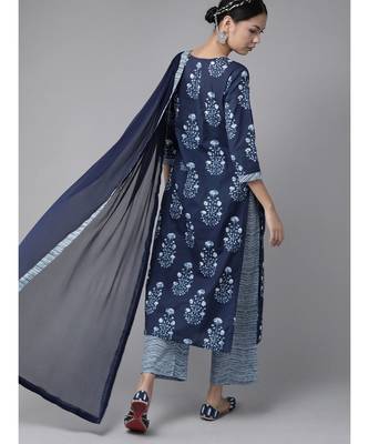 Indo Era Navy Blue Floral Printed Straight Kurta Palazzo With Dupatta Set 2