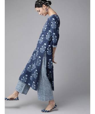 Indo Era Navy Blue Floral Printed Straight Kurta Palazzo With Dupatta Set 3