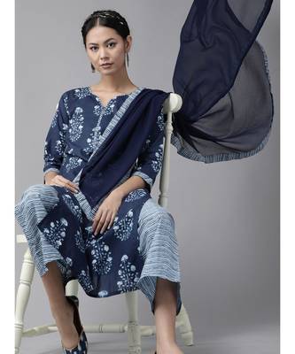 Indo Era Navy Blue Floral Printed Straight Kurta Palazzo With Dupatta Set 4