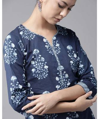 Indo Era Navy Blue Floral Printed Straight Kurta Palazzo With Dupatta Set 5
