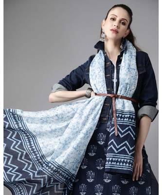 Indo Era Navy Blue Floral Printed Straight Kurta Trouser With Dupatta Set 1