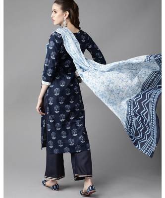 Indo Era Navy Blue Floral Printed Straight Kurta Trouser With Dupatta Set 2