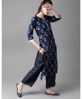 Indo Era Navy Blue Floral Printed Straight Kurta Trouser With Dupatta Set 3