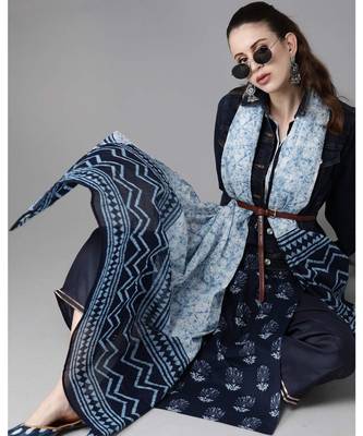 Indo Era Navy Blue Floral Printed Straight Kurta Trouser With Dupatta Set 4