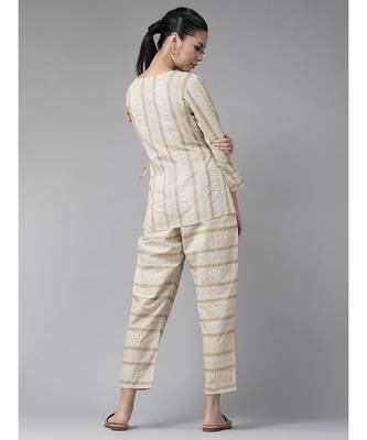 Indo Era Off White Printed A-Line Kurta with Pant Set 2