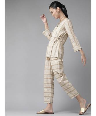 Indo Era Off White Printed A-Line Kurta with Pant Set 3