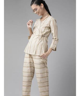 Indo Era Off White Printed A-Line Kurta with Pant Set 5