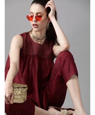 Indo Era Wine Printed Flared Kurta with Pant Set 1
