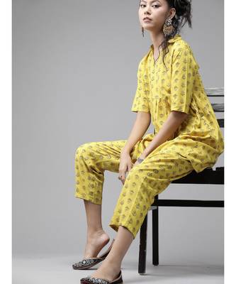 Indo Era Yellow Printed Flared Kurta with Pant Set 1