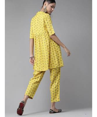 Indo Era Yellow Printed Flared Kurta with Pant Set 2