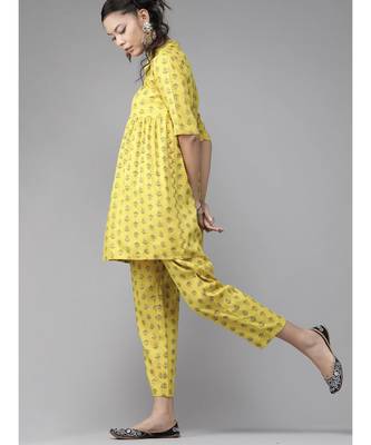 Indo Era Yellow Printed Flared Kurta with Pant Set 3