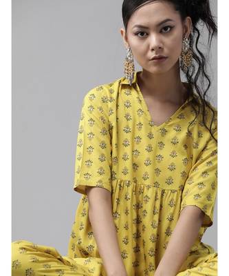 Indo Era Yellow Printed Flared Kurta with Pant Set 4