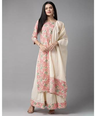 Indo Era Pink Floral Printed Straight Kurta Skirt with Dupatta Set 1