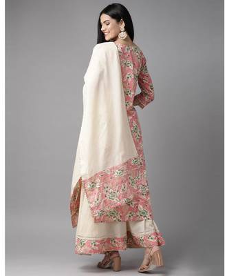 Indo Era Pink Floral Printed Straight Kurta Skirt with Dupatta Set 2