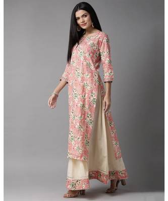 Indo Era Pink Floral Printed Straight Kurta Skirt with Dupatta Set 3