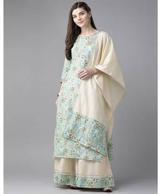Indo Era Blue Floral Printed Straight Kurta Skirt with Dupatta Set 1