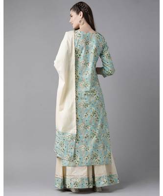 Indo Era Blue Floral Printed Straight Kurta Skirt with Dupatta Set 2