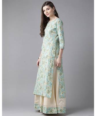 Indo Era Blue Floral Printed Straight Kurta Skirt with Dupatta Set 3