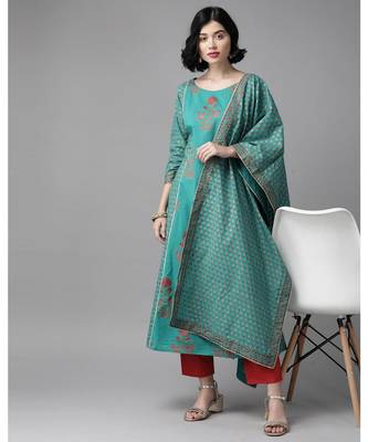 Indo Era Green Floral Printed A-Line Kurta Trouser With Dupatta Set 1