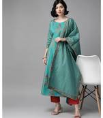 Indo Era Green Floral Printed A-Line Kurta Trouser With Dupatta Set