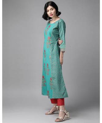 Indo Era Green Floral Printed A-Line Kurta Trouser With Dupatta Set 3