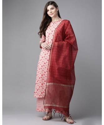 Indo Era Pink Floral Printed Straight Kurta Palazzo with Dupatta Set 1