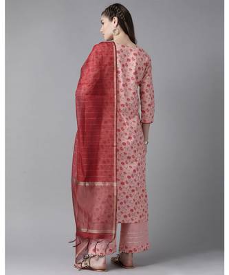 Indo Era Pink Floral Printed Straight Kurta Palazzo with Dupatta Set 2
