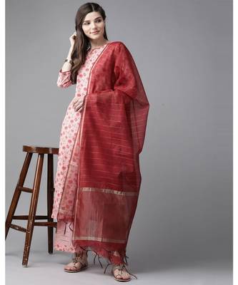 Indo Era Pink Floral Printed Straight Kurta Palazzo with Dupatta Set 4