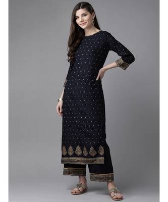 Indo Era Navy Blue Foil Printed Straight Kurta Palazzo Set 1