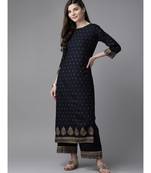 Indo Era Navy Blue Foil Printed Straight Kurta Palazzo Set