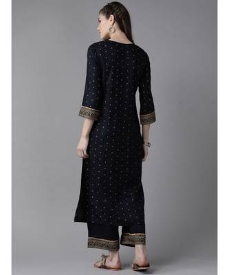 Indo Era Navy Blue Foil Printed Straight Kurta Palazzo Set 2