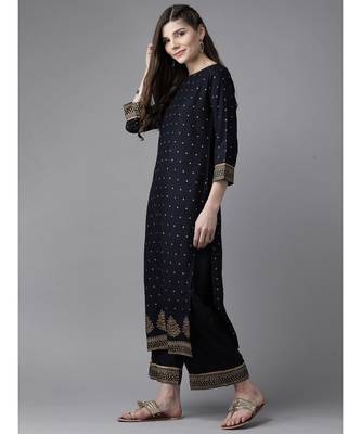 Indo Era Navy Blue Foil Printed Straight Kurta Palazzo Set 3