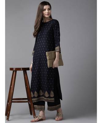 Indo Era Navy Blue Foil Printed Straight Kurta Palazzo Set 4