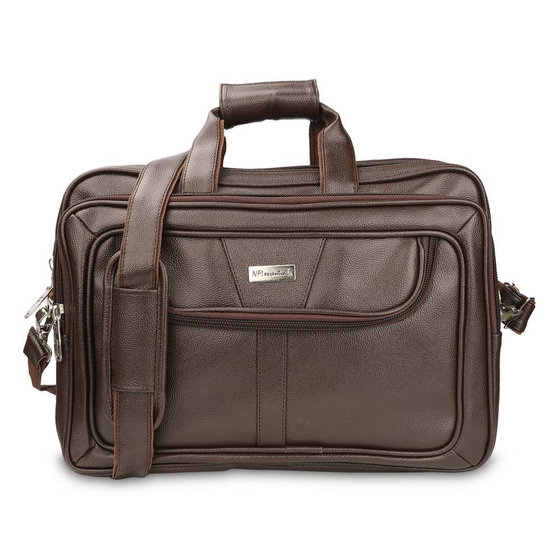 NFI essentials PU Leather Office Laptop Handbag Stylish Messenger Bag Briefcase 17.5 Inch (Brown)