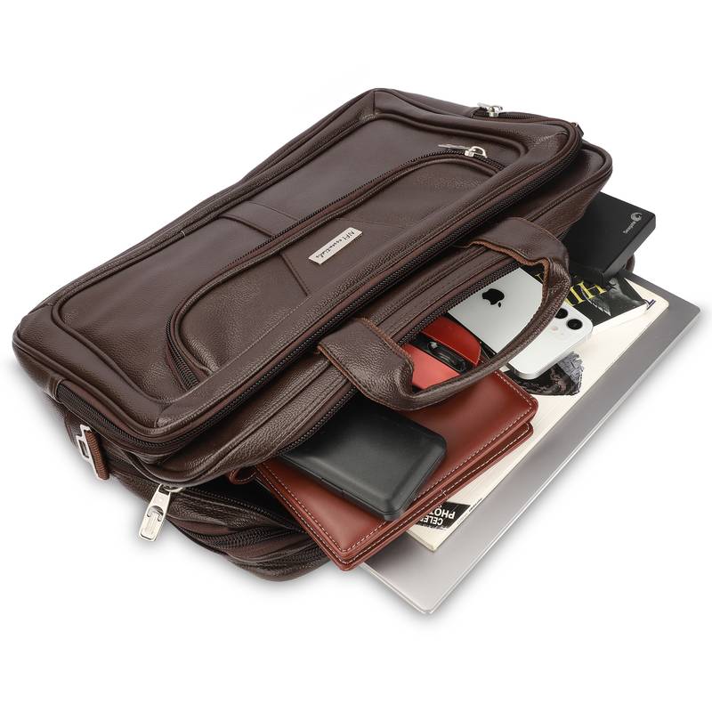 NFI essentials PU Leather Office Laptop Handbag Stylish Messenger Bag Briefcase 17.5 Inch (Brown)