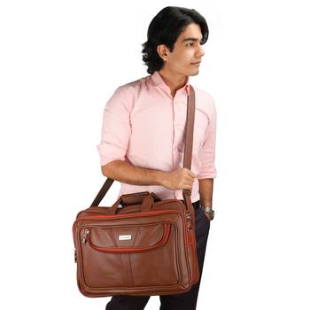 NFI essentials PU Leather Office Laptop Handbag Stylish Messenger Bag Briefcase 16.5 Inch (Tan) 1