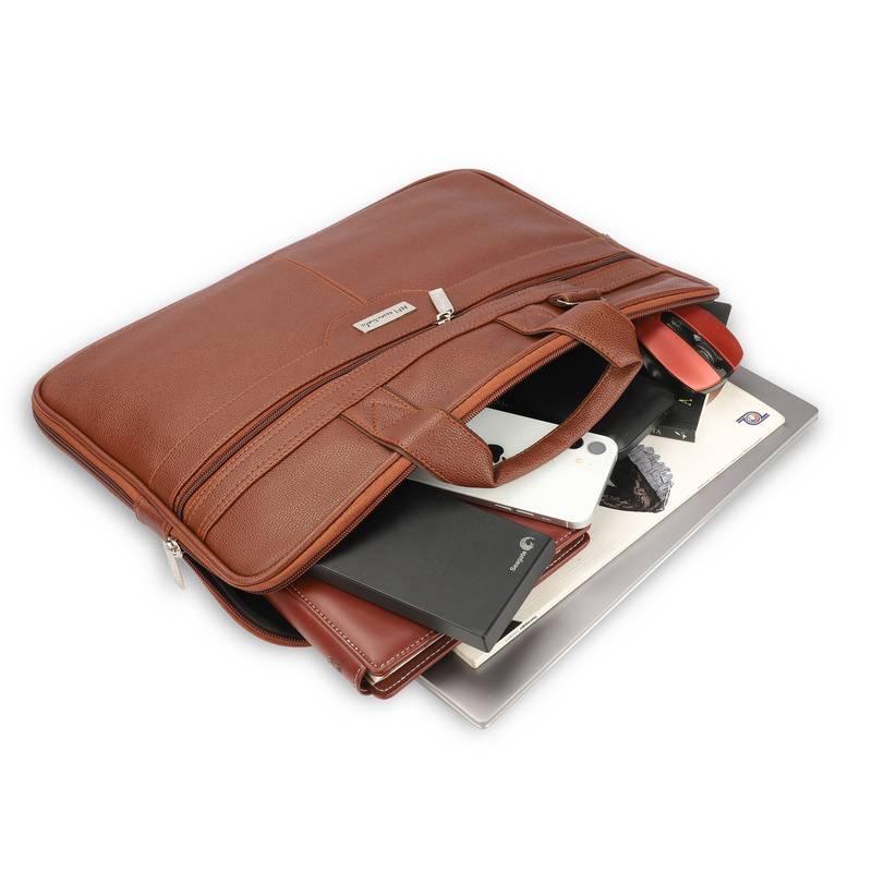 NFI essentials PU Leather Office Laptop Handbag Stylish Messenger Bag Briefcase 16.5 Inch (Tan)