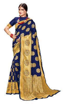 Navy blue woven banarasi silk saree with blouse 1