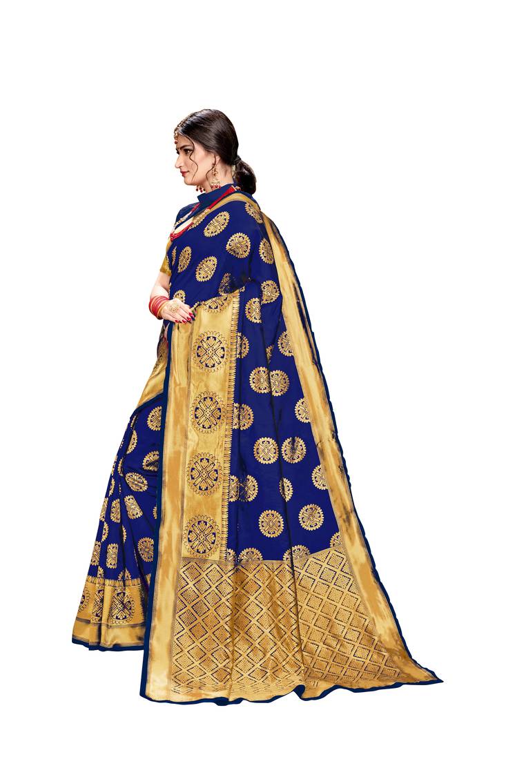 Navy blue woven banarasi silk saree with blouse