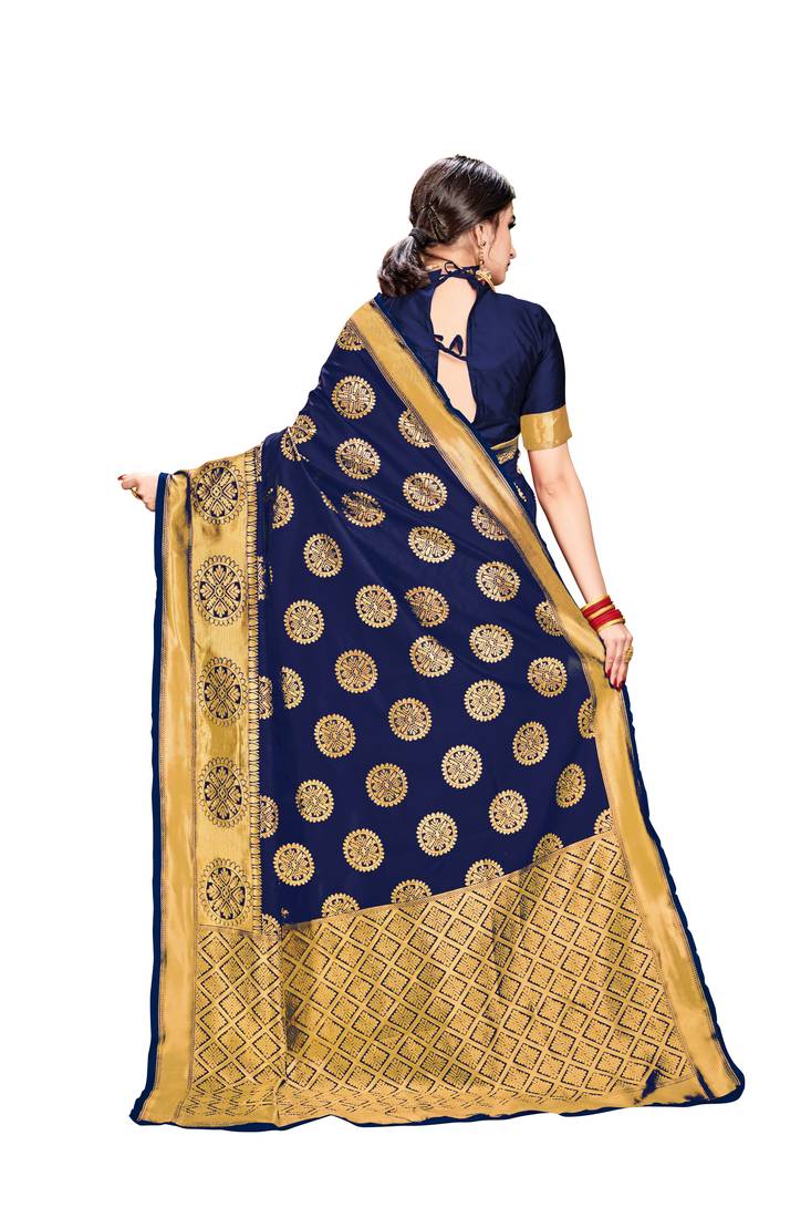 Navy blue woven banarasi silk saree with blouse