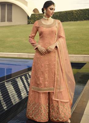 Peach and Gold Embroidered Palazzo Suit 1