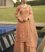 Peach and Gold Embroidered Palazzo Suit