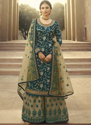 Sea Green and Beige Embroidered Palazzo Suit 1