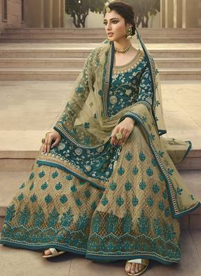 Sea Green and Beige Embroidered Palazzo Suit 3