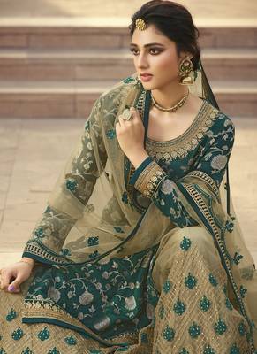 Sea Green and Beige Embroidered Palazzo Suit 4