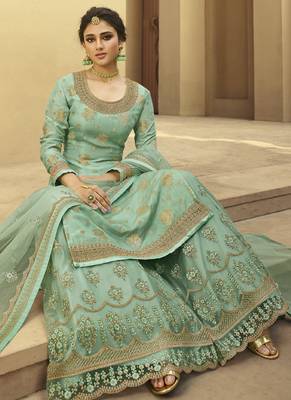 Aqua and Gold Embroidered Palazzo Suit 2